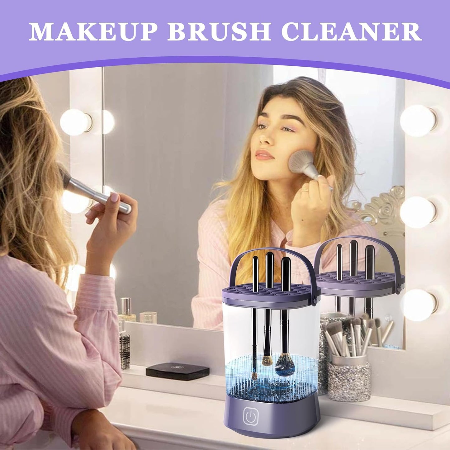 Electric Makeup Brush Cleaner Machine, Automatic Spinning Make up Brush Cleaner with 1200 mAh Rechargeable Battery, Portable Cosmetic Brush Cleaner Dryer Tool for All Size Makeup Brush (Purple)-GlimoraGlow