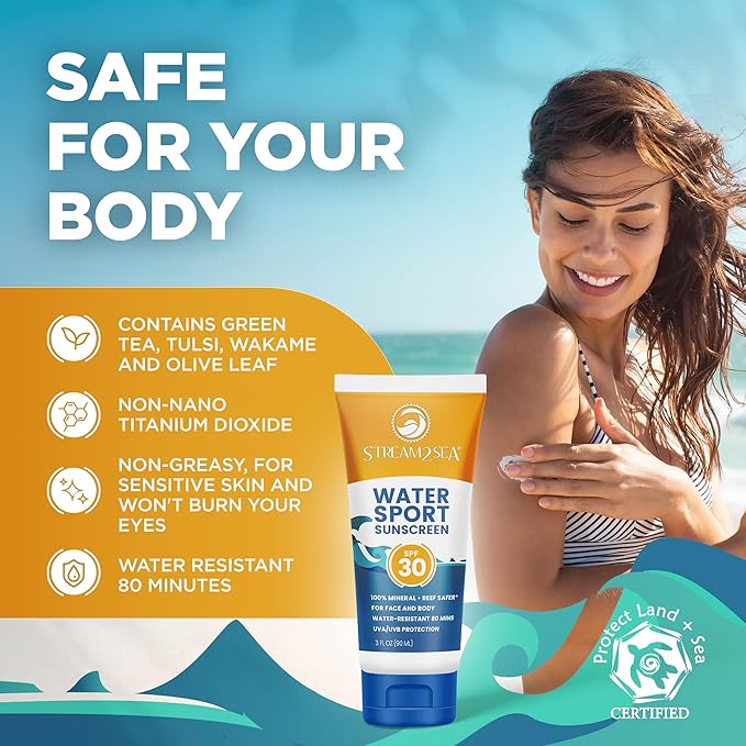 STREAM 2 SEA SPF 30 Biodegradable Mineral Sunscreen, 3 Fl oz Non-Greasy and Moisturizing Reef Safe Sunscreen For Face Protection and Body Against UVA and UVB-GlimoraGlow