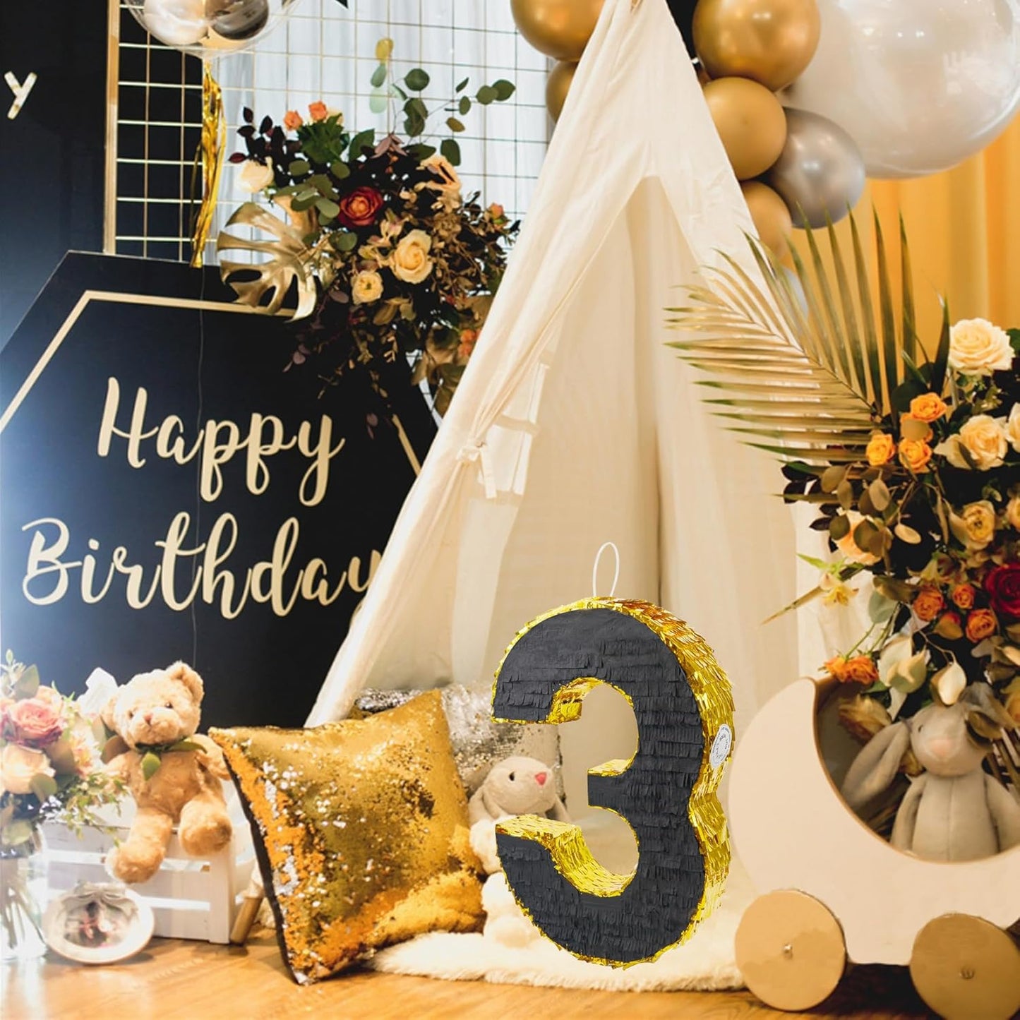 PCFING 20 Inch Number 3 Piñata Gold Black with 30 Inch Piñata Stick Blindfold Confetti for Man Women Boys Girls Birthday Party Decorations, Anniversary Celebration, Fiesta