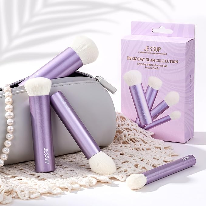 Jessup Makeup Brushes Set 4pcs Face Kabuki Brush for Foundation Contour Powder Blush Bronzer and Highlighter, Premium Synthetic Fiber Cruelty-Free, Luxury Purple T517-GlimoraGlow