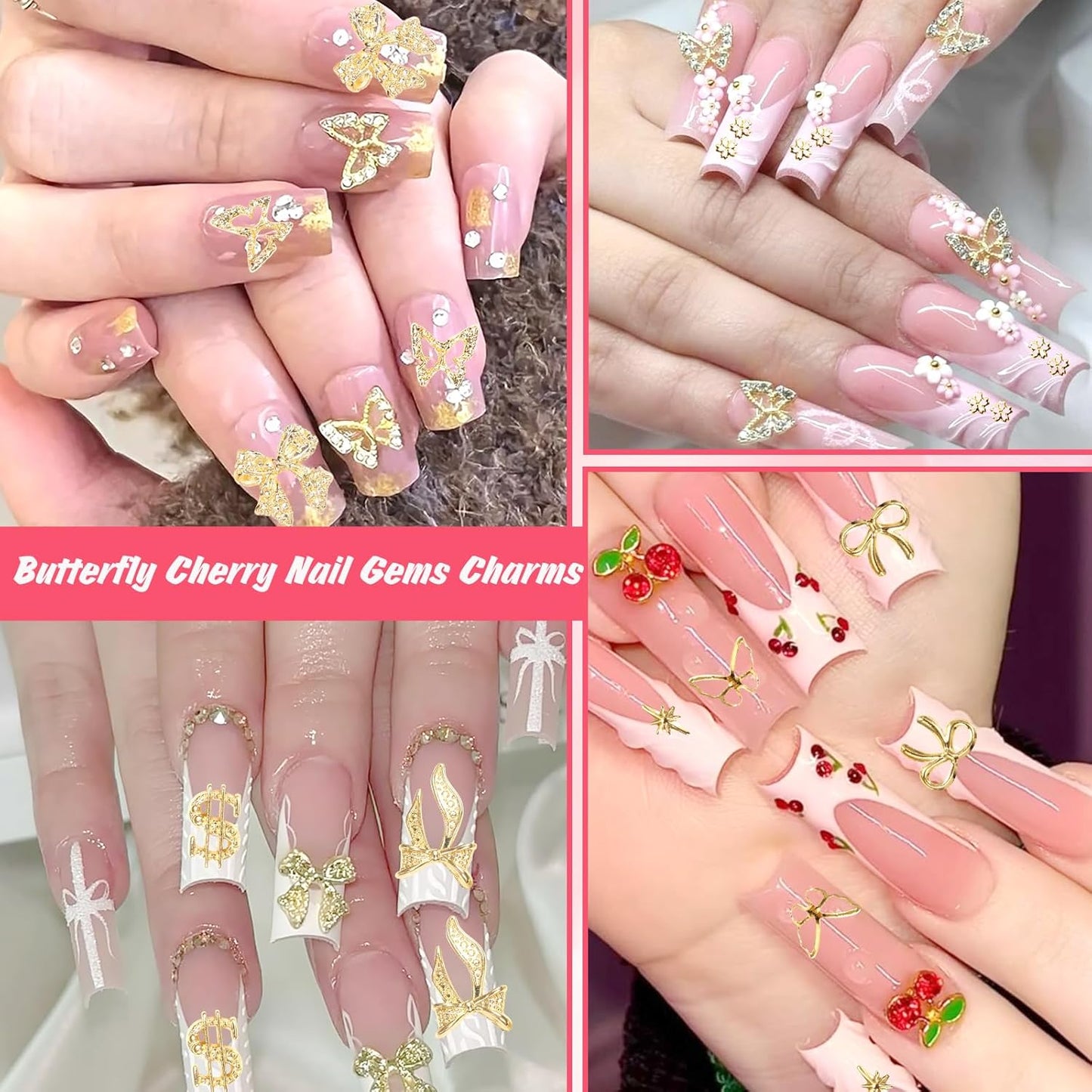 2 Boxes Alloy Gold Nail Charms, 3D Butterfly Star Cherry Nails Gems Charms, Mixed Shapes Golden Bows Heart Star Nail Studs Gold Flatback Pearls Beads for Nails Art Design DIY Accessories-GlimoraGlow