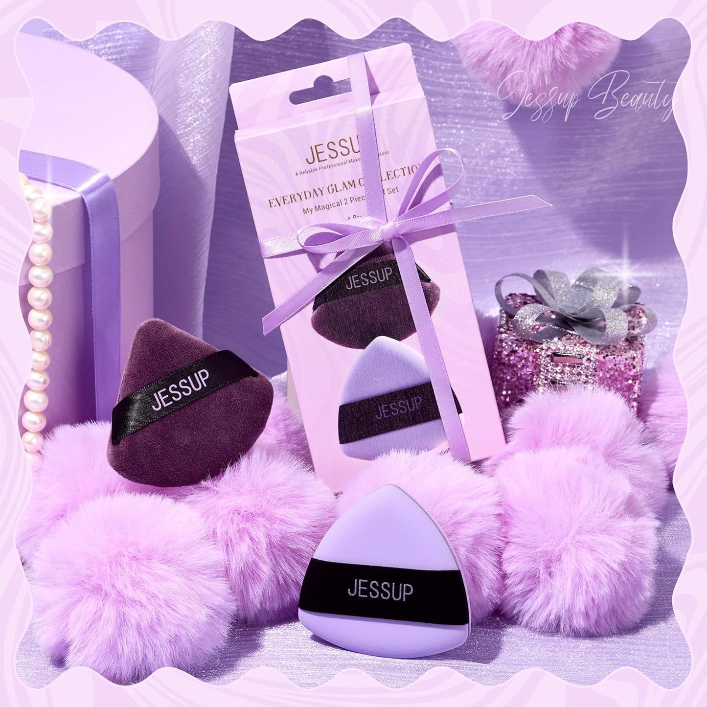 Jessup Powder Puff, 2pcs Triangle Powder Puff Soft for Foundation Setting and Baking, Reusable, Washable, Purple SP018-GlimoraGlow