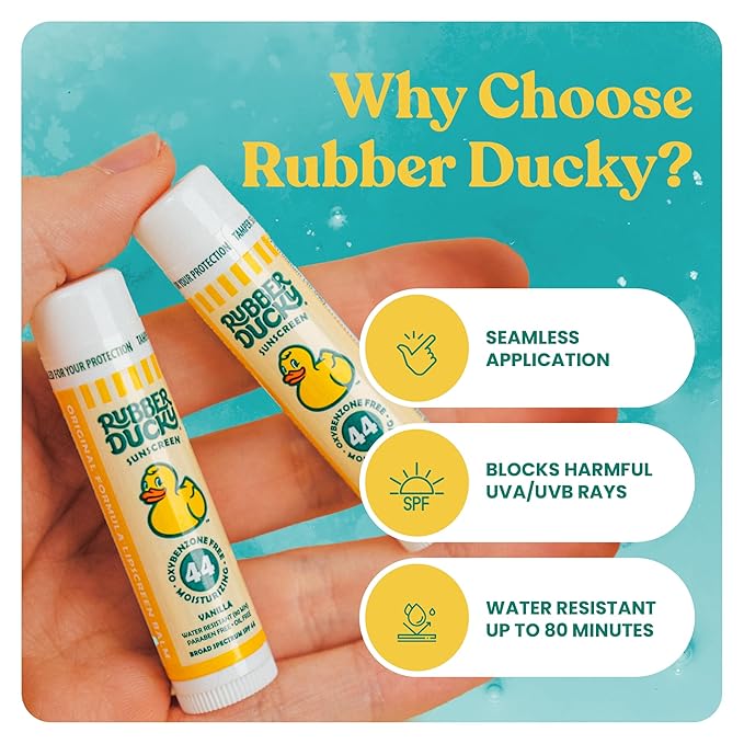 Rubber Ducky Lip Sunscreen SPF 44, Kids Vegan Lip Balm with Vitamin E, UV Protection, Water Resistant, Untinted, Vanilla Flavor, Broad Spectrum-GlimoraGlow