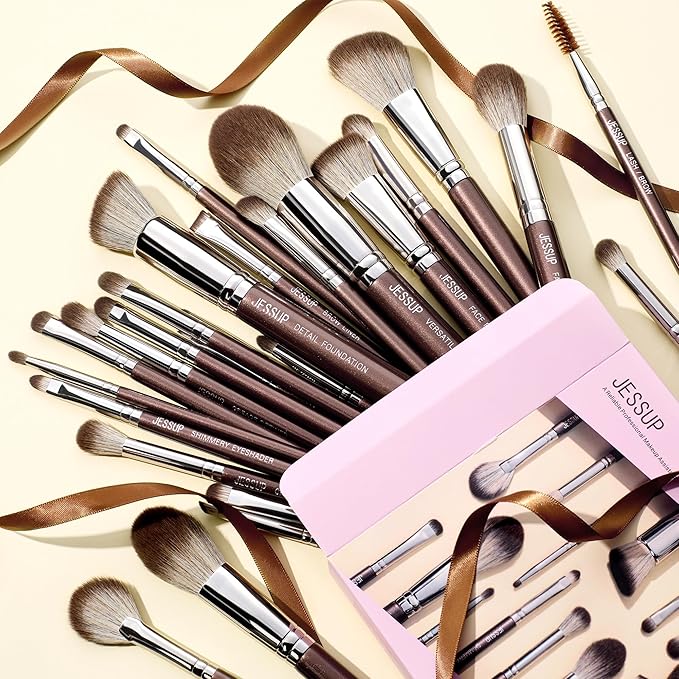 Jessup Makeup Brushes Set Professional 25pcs Premium Synthetic Make up Brushes for Foundation Eyeshadow Blending Concealer Blush Contour Bronzer Eyeliner Eyebrow, Shimmer Brown T511-GlimoraGlow