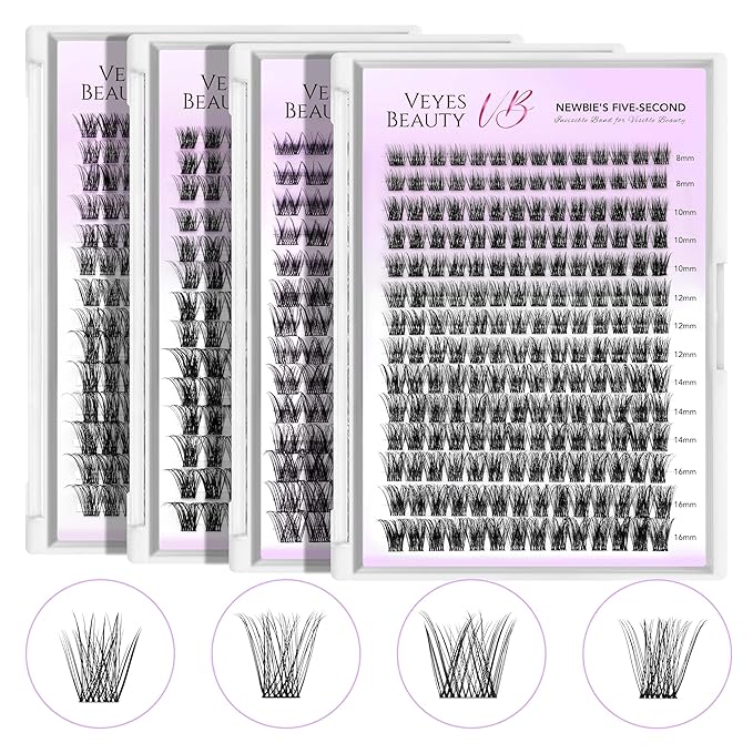 VEYESBEAUTY Lash Clusters Kit Individual Eyelash Extensions Thin & Invisible Band DIY False Eyelashes Newbie's Five-Second Series Wispy Lash Tray, LuxeBold KIT with Bond&Seal Remover Applicator-GlimoraGlow