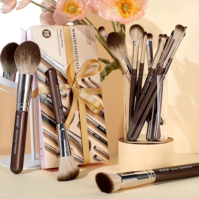 Jessup Makeup Brushes Set 15pcs Brown Make up Brushes Set Professional Premium Synthetic Foundation Eyebrow Concealer Blush Eyeshadow Contour Eyeliner Powder Blending Highlighter Brush, T498-GlimoraGlow