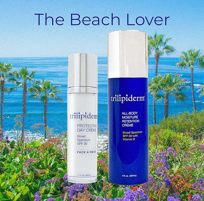 Trilipiderm Beach Lover Bundle- All-Body Moisture Retention Crème Sunscreen (8oz) & Protective Day Crème Broad Spectrum SPF 30 (1.7oz), Sunscreen Lotion UVA/UVB Set for Face, Body, Travel Size-GlimoraGlow