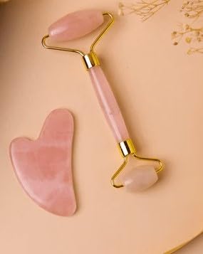 Rose Quartz Roller and Gua sha Set | Reduces Wrinkles, Fine lines and Dark Circles | Pink Jade Roller | Anti-aging Massager for Skin Toning and Tightening for Face, Eyes, Neck-GlimoraGlow