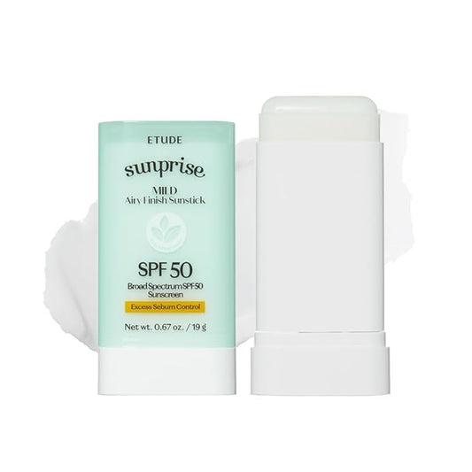 ETUDE Sunprise Mild Airy Finish Sunstick SPF50+ PA++++ Powdery sunscreen, Vegan, Non-Greasy, Sebum Control, Matte Finish, Sensitive Skin Friendly, 19g-GlimoraGlow