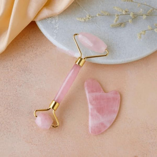 Rose Quartz Roller and Gua sha Set | Reduces Wrinkles, Fine lines and Dark Circles | Pink Jade Roller | Anti-aging Massager for Skin Toning and Tightening for Face, Eyes, Neck-GlimoraGlow