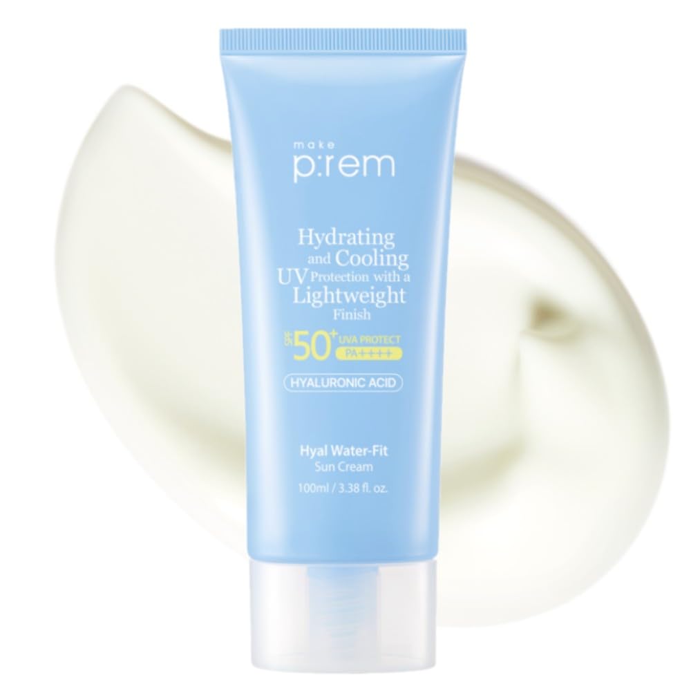 MAKE P:REM Hyal Water-Fit Sun Cream, Law-Irritation Hydrating Face & Body Sunscreen, SPF 50+ PA++++, Korean Sunscreen, 3.38 fl.oz., 100ml-GlimoraGlow