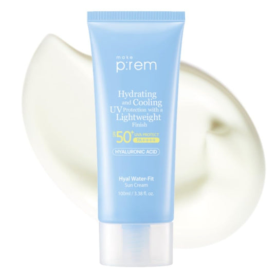 MAKE P:REM Hyal Water-Fit Sun Cream, Law-Irritation Hydrating Face & Body Sunscreen, SPF 50+ PA++++, Korean Sunscreen, 3.38 fl.oz., 100ml-GlimoraGlow