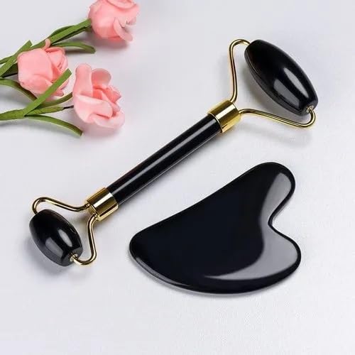 Black Obsidian Jade Facial Roller & Gua Sha Set 100% Natural Source from Highest Altitude of Himalayan Two-Sided Face Neck Massager Stone Beauty Tool-GlimoraGlow