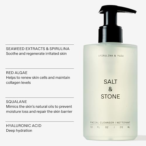 Salt & Stone Facial Cleanser for Women & Men, Spirulina & Yuzu Gentle Facial Wash with Hyaluronic Acid, Squalane, For All Skin Types, Vegan, Cruelty Free, 7.2 oz-GlimoraGlow