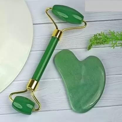 Green Jade Roller & Gua Sha Set, Face Roller Manual Massager,Green Jade Applicator for Face, Neck,Body Muscle,Relaxing, Stimulating Blood Flow, Relieve Fine Lines, Wrinkles,Green-GlimoraGlow