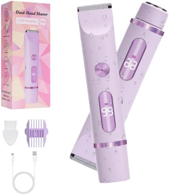 2025 Upgraded Dermave Bikini Shaver - 2 in 1 Bikini Trimmer for Women with LCD Display, Dual Head Cordless Electric Shaver, IPX7 Waterproof Wet/Dry Body Hair Trimmer for Face,Purple-GlimoraGlow
