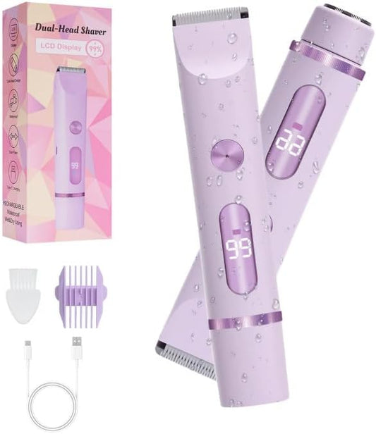 2025 Upgraded Dermave Bikini Shaver - 2 in 1 Bikini Trimmer for Women with LCD Display, Dual Head Cordless Electric Shaver, IPX7 Waterproof Wet/Dry Body Hair Trimmer for Face,Purple-GlimoraGlow