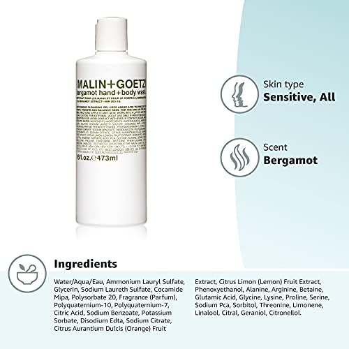 Malin + Goetz Essential Bergamot Purifying, Hydrating Hand + Body Wash, Natural Ingredients for All Skin Types, Soap for Sensitive, Dry Skin, No Stripping, Irritation, 16 Fl Oz-GlimoraGlow