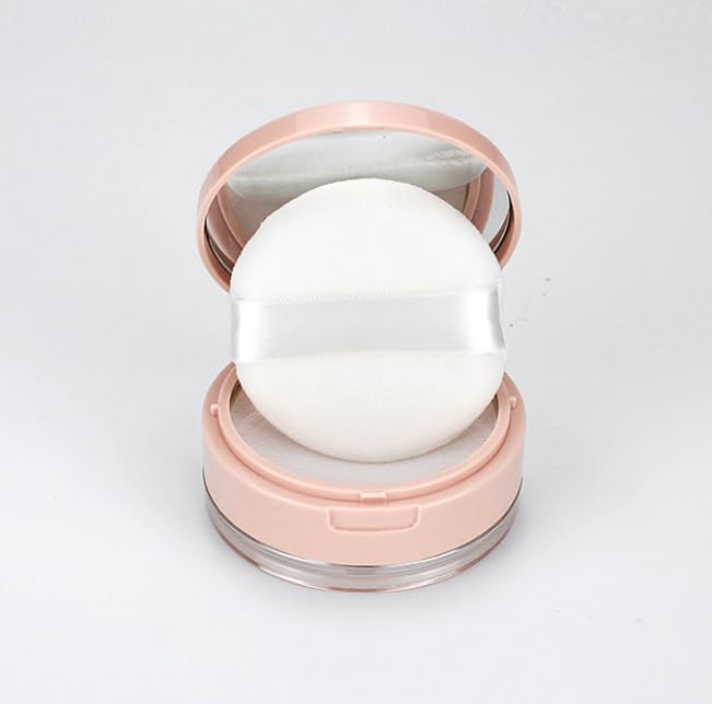 Loose Powder Cocntainer No Leaks Empty Reusable Plastic Loose Powder Compact Container Makeup Powder Case with Sponge Powder Puff,Elasticated Net Sifter and Pink Threaded Screw Lid-GlimoraGlow