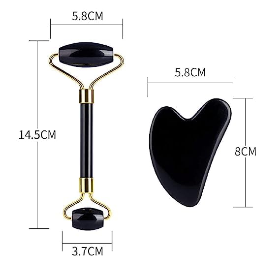 Black Obsidian Jade Facial Roller & Gua Sha Set 100% Natural Source from Highest Altitude of Himalayan Two-Sided Face Neck Massager Stone Beauty Tool-GlimoraGlow