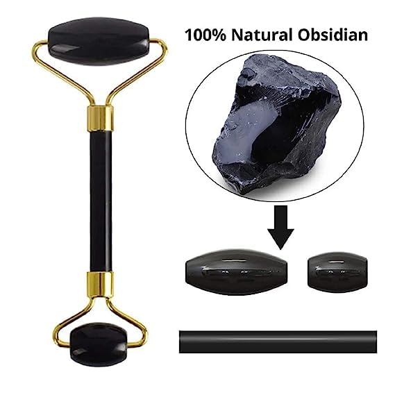 Black Obsidian Jade Facial Roller & Gua Sha Set 100% Natural Source from Highest Altitude of Himalayan Two-Sided Face Neck Massager Stone Beauty Tool-GlimoraGlow