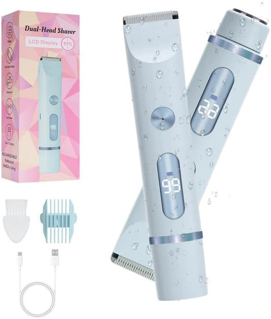 2025 Upgraded Dermave Bikini Shaver - 2 in 1 Bikini Trimmer for Women with LCD Display, Dual Head Cordless Electric Shaver, IPX7 Waterproof Wet/Dry Body Hair Trimmer for Face,Blue-GlimoraGlow