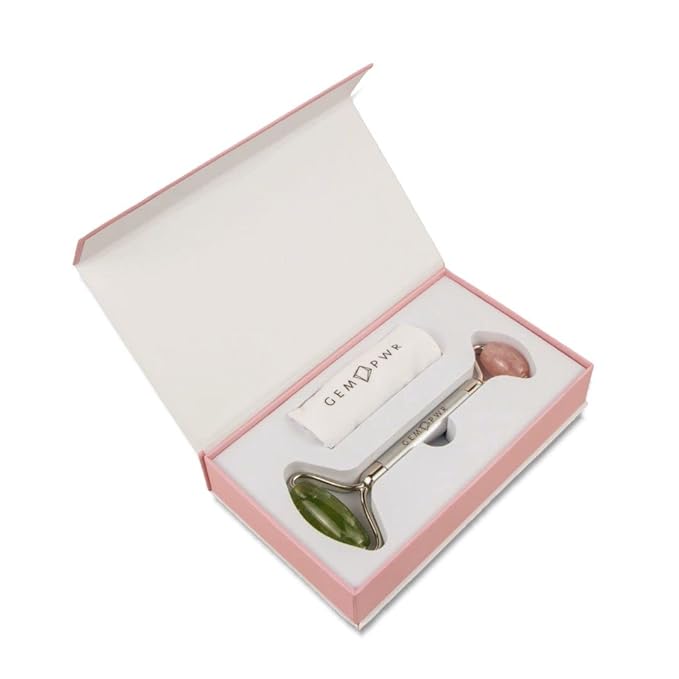Rose Quartz + Jade Roller for Face and Neck Massage, Dual Gemstones with Durable Steel Handle and Travel Bag. Minimize Wrinkles, Reduce Puffiness and Restore Skin's Elasticity and Radiance-GlimoraGlow