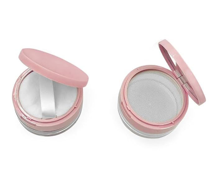 Loose Powder Cocntainer No Leaks Empty Reusable Plastic Loose Powder Compact Container Makeup Powder Case with Sponge Powder Puff,Elasticated Net Sifter and Pink Threaded Screw Lid-GlimoraGlow