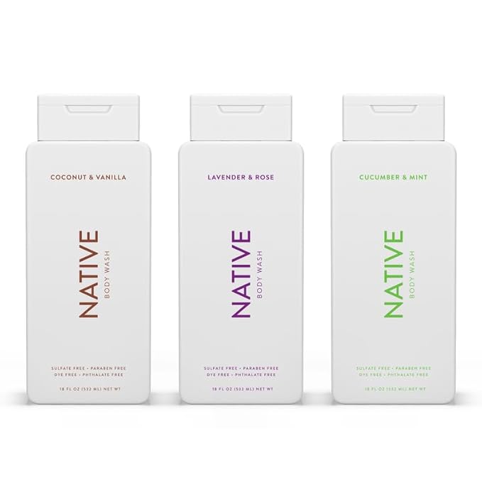 Native Body Wash Contains Naturally Derived Ingredients | for Women & Men, Sulfate, Paraben, & Dye Free Leaving Skin Soft & Hydrated |Coconut & Vanilla, Lavender Rose, & Cucumber Mint, 18 oz Pack of 3-GlimoraGlow