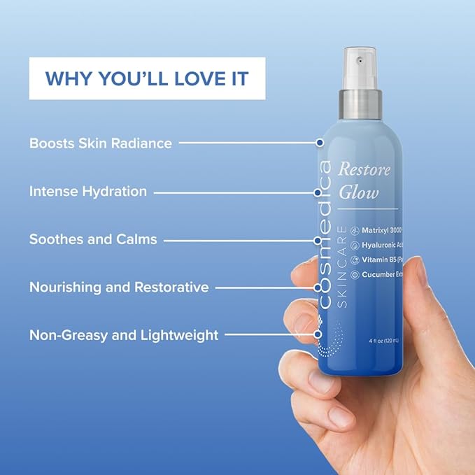 Cosmedica Skincare Restore Glow Peptide Spray Hydrating Mist with Matrixyl 3000, Vitamin B5, Hyaluronic Acid & Cucumber Extract for Radiant Skin – 4 oz-GlimoraGlow