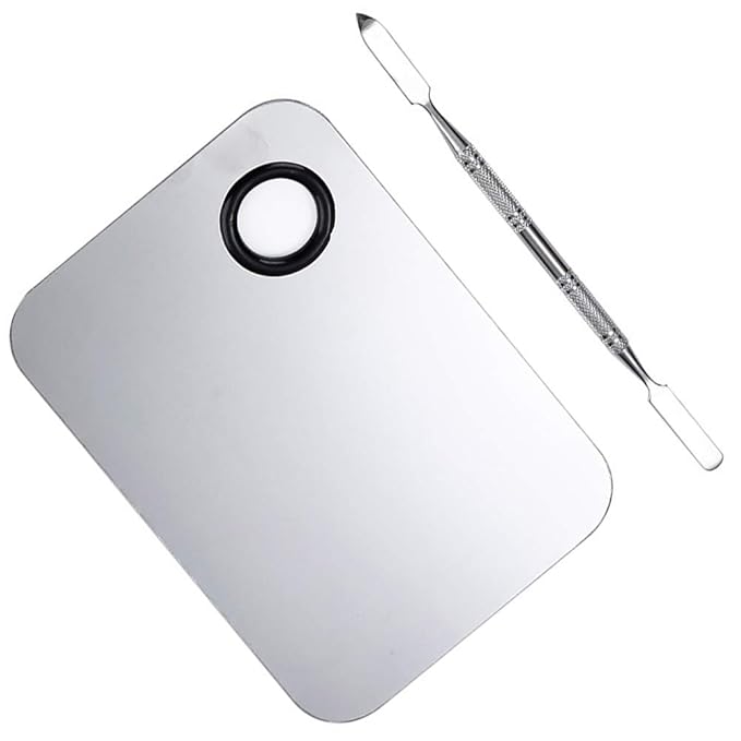 2 Pcs Stainless Steel Cosmetic Makeup Palette, Professional Cosmetic Mixing Makeup Palette Spatula Makeup Artist Tool, Beauty Salon Color Cream Mixing Palette With A Spatula Makeup Nail Art Palette-GlimoraGlow