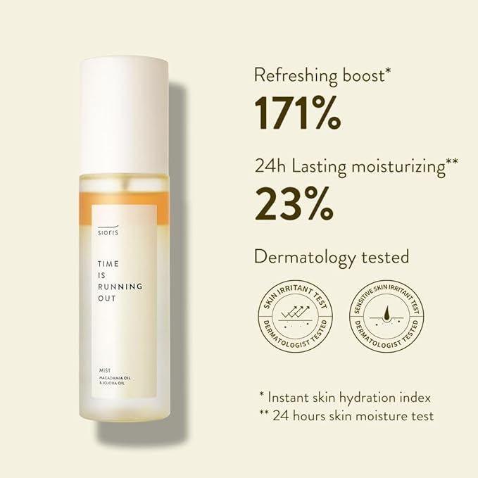 SIORIS Time Is Running Out mist 30ml (organic, vegan), glass skin face mist for Sensitive Skin, jojoba oil for moisture lock, enriched citrus water rejuvenates glass veil finish-GlimoraGlow