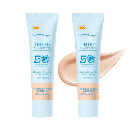 Tinted Sunscreen for Face SPF 50, 2 PCS Defense SPF 50 Face Sunscreen Lotion with Hyaluronic Acid, Sun Essence Faces Sunscreens, Hydrating, Moisturizing, UV Defense, Travel Size (Medium Color)-GlimoraGlow