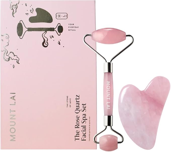 Mount Lai Rose Quartz Gua Sha Facial Tools, Pink Quartz Gua Sha Facial Tools Set and Roller, Guasha Tool for Face to Relieve Muscle Tension and Reduce Puffiness, Anti Aging Skin Care Sets for Women-GlimoraGlow