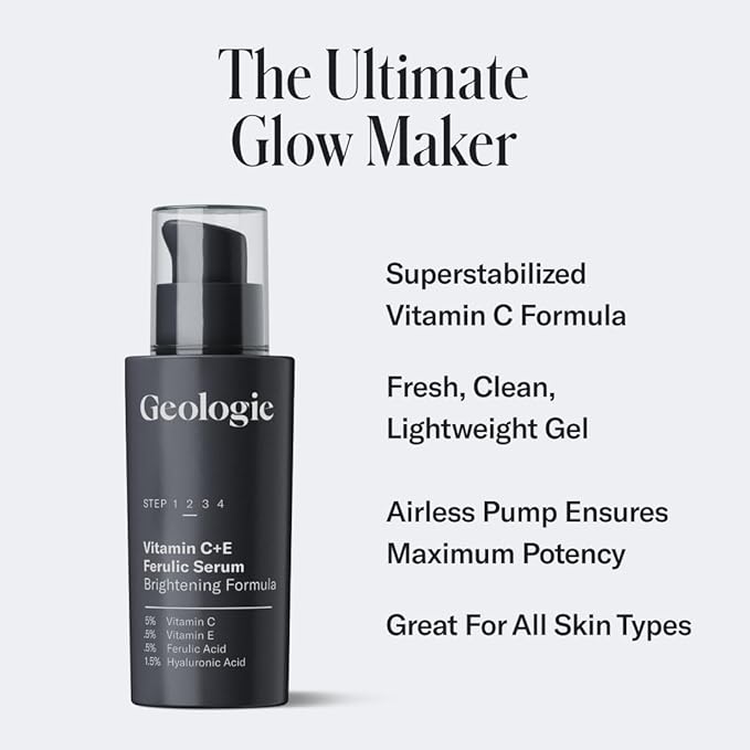 Geologie Vitamin C+E Ferulic Acid Face Serum | Brightening & Firming Anti-Aging Gel Formula | 5% Light-Protected & Stabilized Vitamin C , 0.5% Vitamin E, 1.5% Hyaluronic Acid | 30 ML-GlimoraGlow