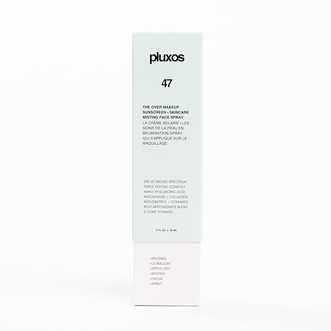 | PLUXOS 47 | SUNSCREEN + SKINCARE SPF 47 FACE MIST SPRAY (Peach) | SUN DEFENSE COMPLEX CARE | Apply Over Makeup, Broad Spectrum, Clear, Light, Vegan, Hydrate, Fight Acne, Anti-Aging, Cell Repair-GlimoraGlow