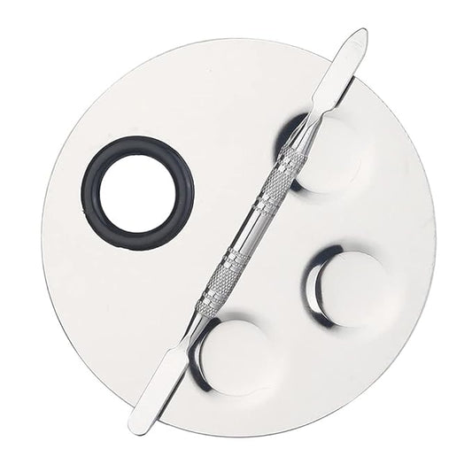1 Set Round Stainless Steel 3-Well Cosmetic Makeup Palette with Spatula Cosmetic Artist Palette Mixing Palette with Spatula Nail Art Eye Shadow Lipsticks Mixing Makeup Tools, Silver-GlimoraGlow