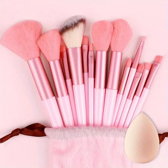 Foundation Makeup Brush Set Kit | 13 Pcs Premium Synthetic Kabuki Eye Shadows Make Up Brushes + 1 Sponge + 1 Brush Bag for Travel and Home Use (PINK)-GlimoraGlow