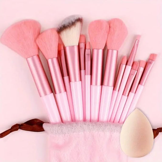 Foundation Makeup Brush Set Kit | 13 Pcs Premium Synthetic Kabuki Eye Shadows Make Up Brushes + 1 Sponge + 1 Brush Bag for Travel and Home Use (PINK)-GlimoraGlow
