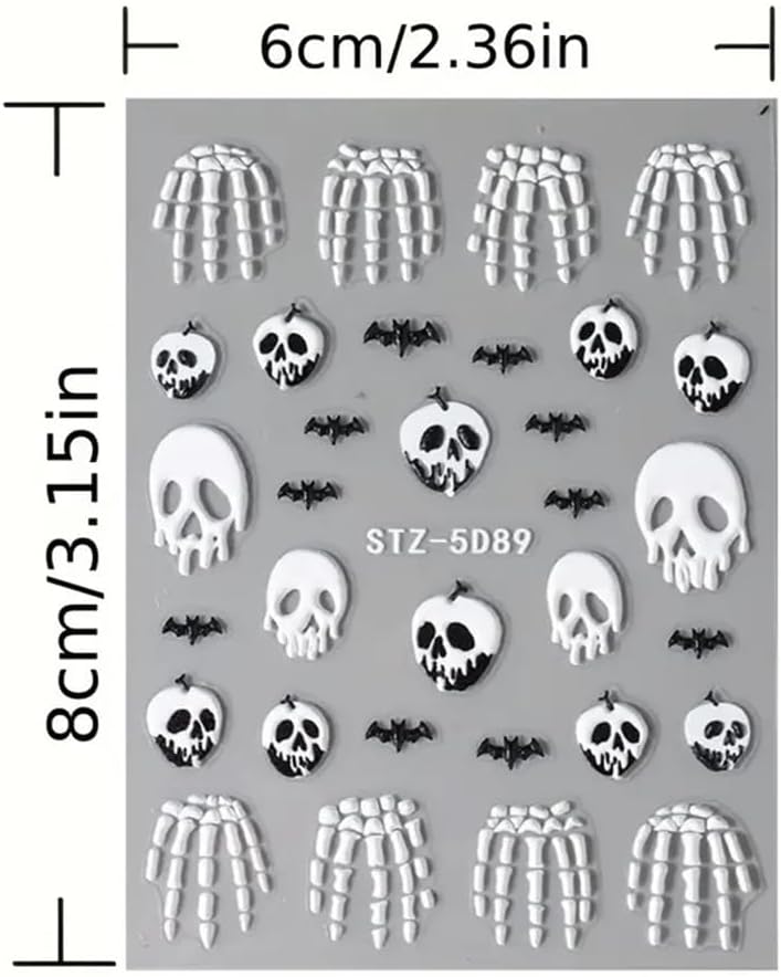 2 Pcs Halloween Nail Art Stickers 5D Embossed Scary Skull Self-Adhesive Nail Decals Halloween Stickers Bat Bones of The Dead Designs Nail Decorations Holiday DIY Acrylic Nail Accessories for Women-GlimoraGlow