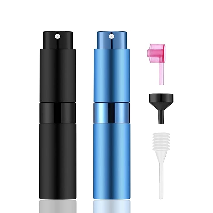 2 PCS/8ml Portable Mini Perfume Atomizer bottles, Empty Refillable Spray Bottle with 3 Types of Refill Tools, Pocket Travel Perfume Sample Bottles(Matte Black&Blue)-GlimoraGlow