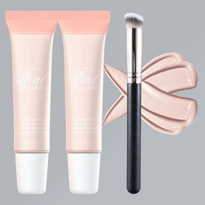 2 Pack Liquid Foundation Cream with Foundation Brush for Face Makeup,Durable Full Coverage Matte Concealer Make Up,Oil Control & Waterproof Base Primer -1 Fl.Oz (#01)-GlimoraGlow
