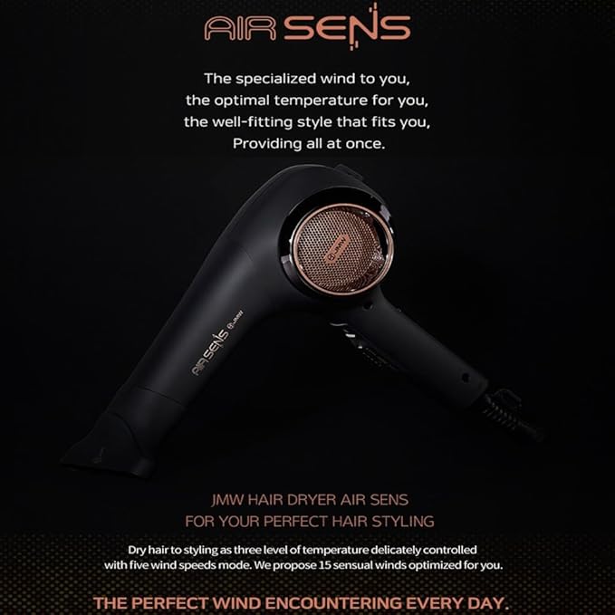 JMW Korean Professional Salon Hair Dryer AIR Sense I 15 Winds-3 Heat X 5 Speed Mix, 2 Nozzles & Dryer Stand, Upgrade BLDC Motor, 100% Cool Shot, Smart Memory, Fast Drying, Quiet and Long-Lasting-GlimoraGlow