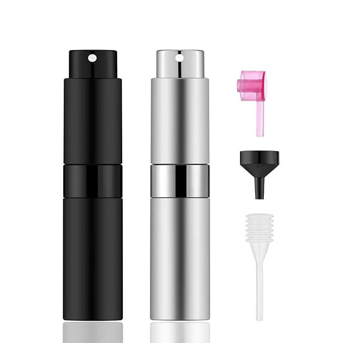 2 PCS/8ml Portable Mini Perfume Atomizer bottles, Empty Refillable Spray Bottle with 3 Types of Refill Tools, Pocket Travel Perfume Sample Bottles(Matte Black&Silver)-GlimoraGlow