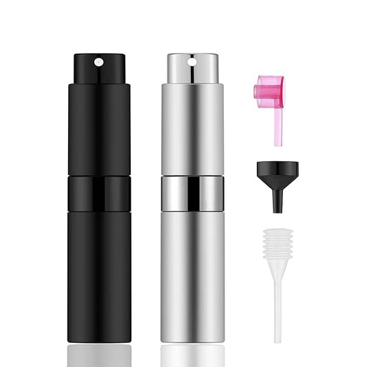 2 PCS/8ml Portable Mini Perfume Atomizer bottles, Empty Refillable Spray Bottle with 3 Types of Refill Tools, Pocket Travel Perfume Sample Bottles(Matte Black&Silver)-GlimoraGlow