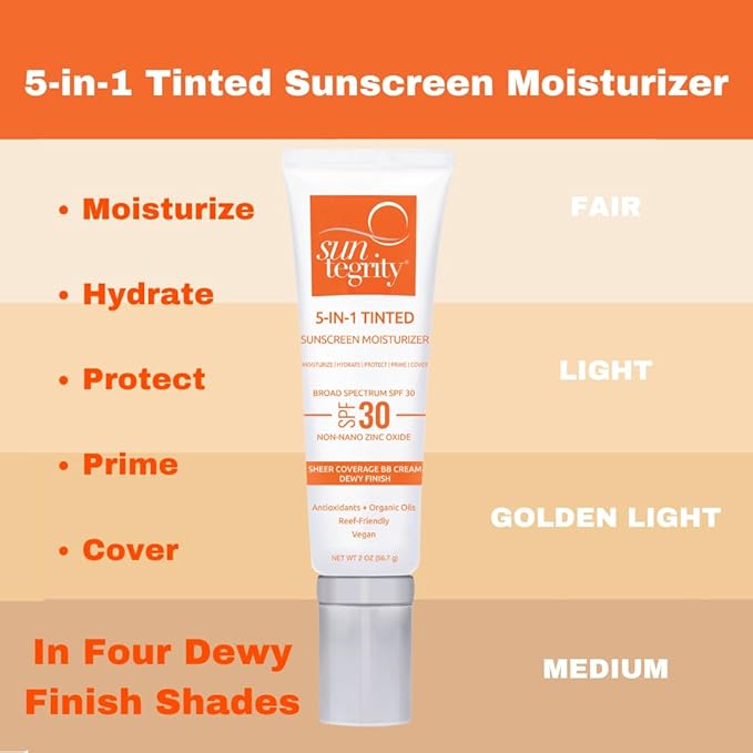 Suntegrity Tinted 5 in 1 Mineral Sunscreen for Face (SPF 30-2 oz) - Medium | BB Cream Moisturizer with Physical UVA/UVB Broad Spectrum Protection | Safe for Sensitive Skin-GlimoraGlow