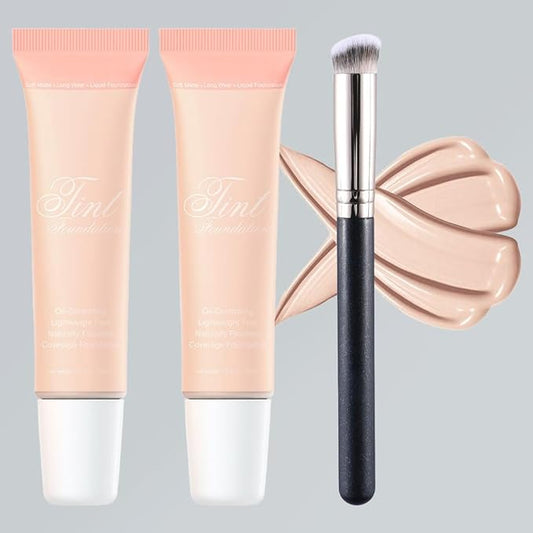 2 Pack Liquid Foundation Cream with Foundation Brush for Face Makeup,Durable Full Coverage Matte Concealer Make Up,Oil Control & Waterproof Base Primer -1 Fl.Oz (#02)-GlimoraGlow