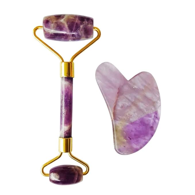 Amethyst Massage Roller and Gua sha Set | Reduces Wrinkles, Fine lines and Dark Circles | Pink Jade Roller | Anti-aging Massager for Skin Toning and Tightening for Face, Eyes, Neck-GlimoraGlow