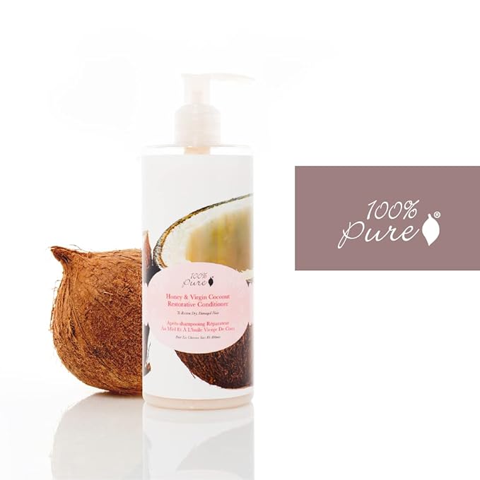100% PURE Honey & Virgin Coconut Restorative Conditioner Moisturizer & Repair Replenishing Nutrient Boost for Dry Damaged Hair, Promotes Healthy Growth for Women & Men - Sulfate Free - 13 Fl Oz-GlimoraGlow