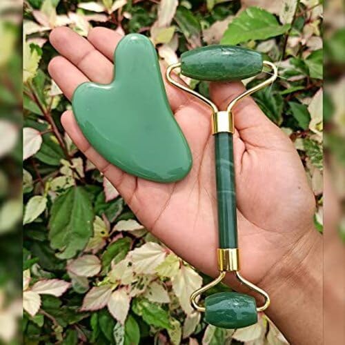 Green Jade Roller & Gua Sha Set, Face Roller Manual Massager,Green Jade Applicator for Face, Neck,Body Muscle,Relaxing, Stimulating Blood Flow, Relieve Fine Lines, Wrinkles,Green-GlimoraGlow